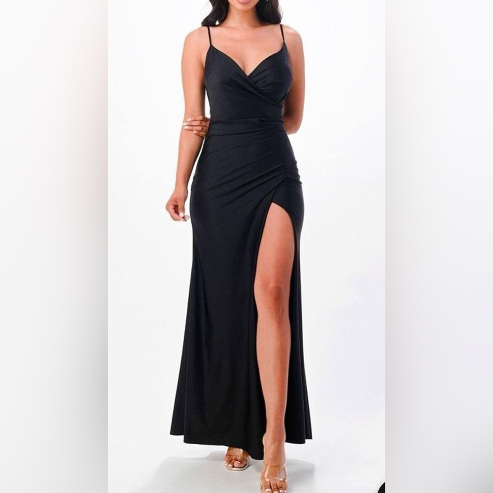 La Scala Long Dress Pleated Spaghetti Strap Side Leg Slit Size Small